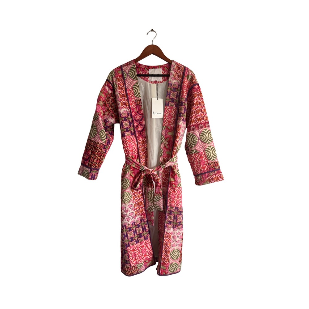 &Merci Pink‎ Patchwork Quilted Duster Jacket Belted Robe Coat Womens Small NEW